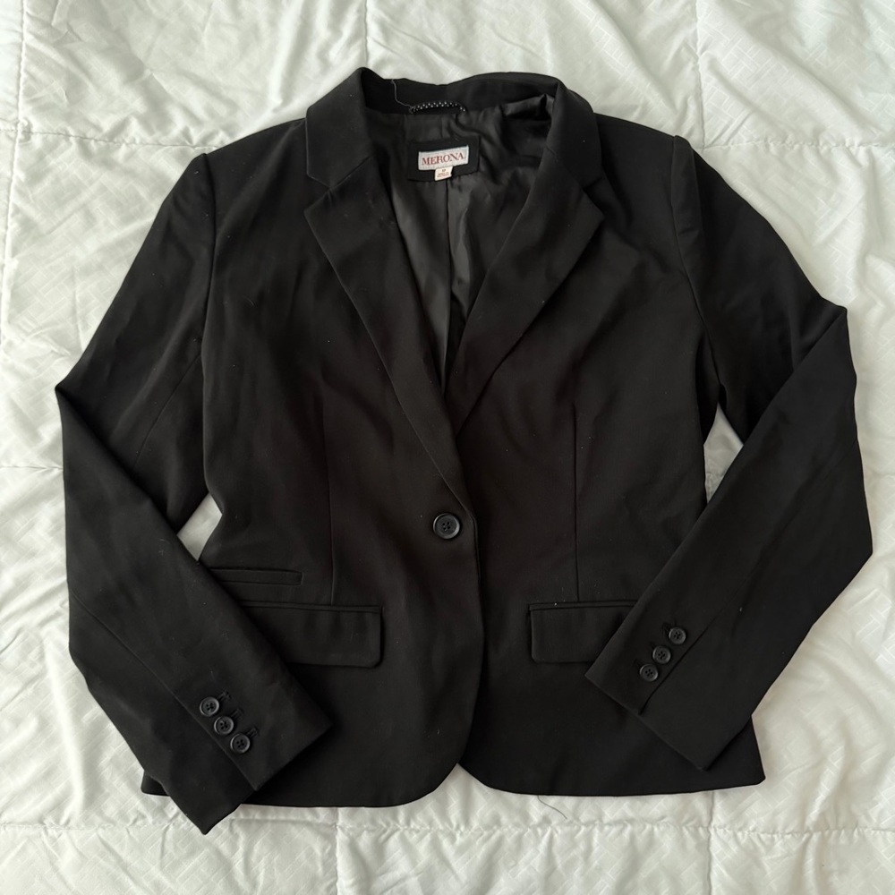 Merona Women’s One Button Blazer Black 12 Business Career Formal Pockets Lined